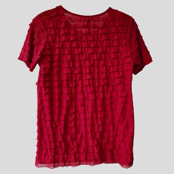 NWOT jason maxwell Stretchy Burgundy Red Ruffle Short Sleeve Blouse Size M Petit - Picture 6 of 11